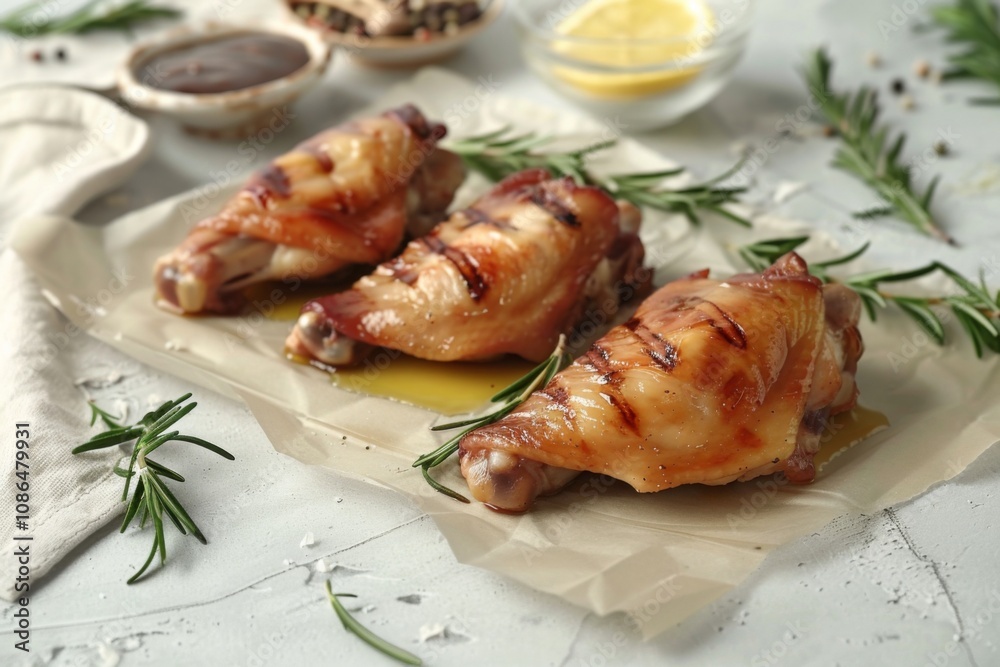 Raw chicken wings marinating with rosemary on a tiled surface in closeup