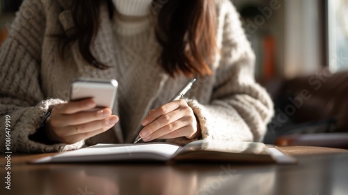 Woman's Hands Busy with Pen and Mobile Phone