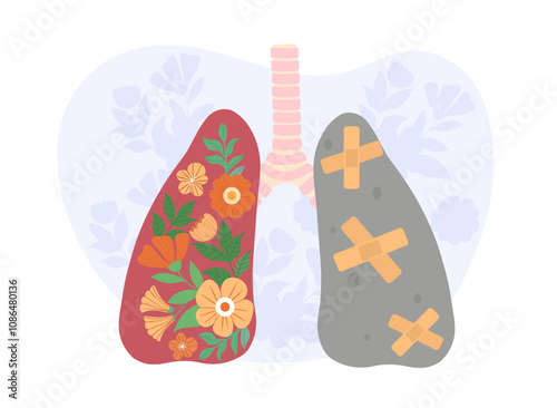 Bad and good lungs. Lung with flowers and with smoke and plasters. Biology and anatomy. Healthy and unhealthy lifestyle. Tobacco addiction. Flat vector illustration isolated on white background