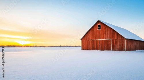 Snowy landscapes concept. A serene wooden barn in a snowy landscape at sunset.