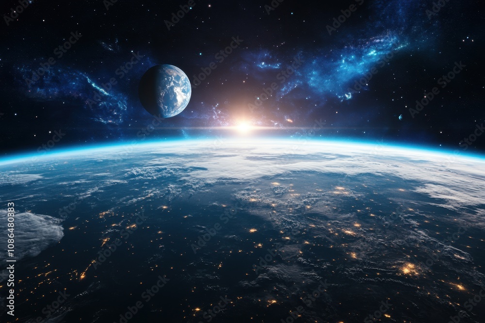 Obraz premium A stunning view of Earth from space, with the moon and a nebula visible in the background.