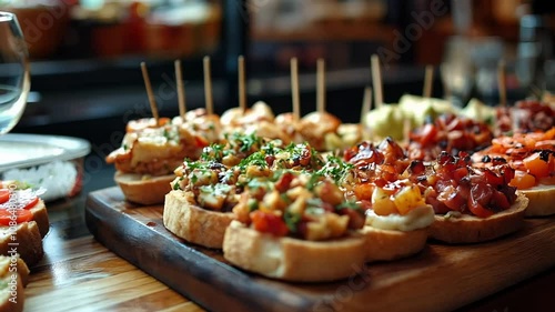 Explore a vibrant food market in Spain where colorful tapas are being expertly prepared and displayed. Each bite promises a burst of flavors, showcasing local ingredients and culinary artistry.