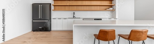 Modern kitchen cabinetry paired with open shelves, premium appliances, sleek barstools at an island, natural wood flooring, professional lighting enhancing the space