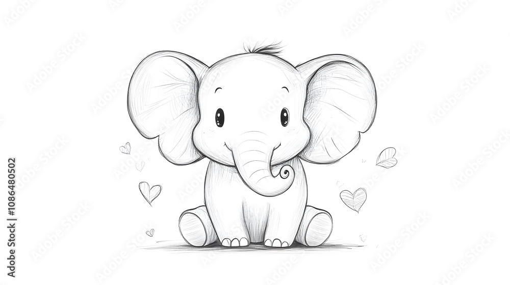 Obraz premium Cute baby elephant sketch with soft, neutral background, surrounded by hearts and butterflies, evoking sense of joy and innocence