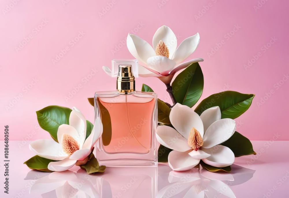 A bottle of perfume and fresh magnolia flowers on a pink background A bottle of perfume and fresh magnolia flowers on a pink background