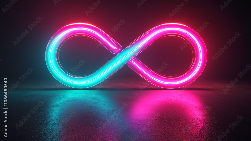 Glowing pink and teal infinity symbol reflection for abstract backgrounds, conceptual designs, anniversary celebrations, love themes, or technology concepts. Generated AI Glowing pink and teal infinity symbol reflection for abstract backgrounds, conceptual designs, anniversary celebrations, love themes, or technology concepts. Generated AI