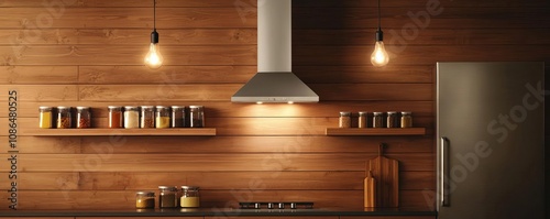 Stainless steel appliances in a modern kitchen, open shelves with neatly arranged spices, warm wooden tones, bright pendant lights, clean lines, and vibrant accents