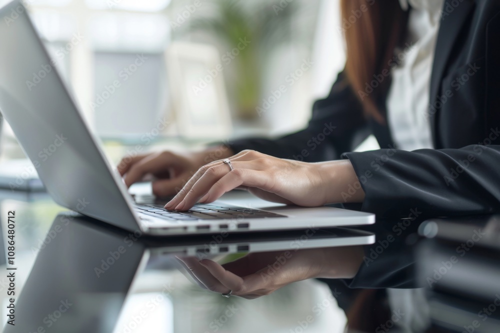 Woman Using a Laptop for Telework and Online Research Woman Using a Laptop for Telework and Online Research