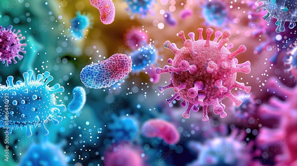 Naklejka premium A vibrant, microscopic view of various bacteria and viruses in a colorful, dynamic array set against a soft.