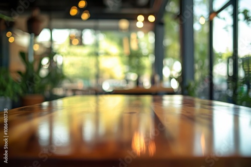 Close-up wooden table foreground blurred background restaurant cafe Abstract blur interior coffee