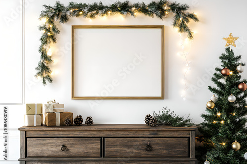 Elegant Minimalist Frame on White Wall with Holiday Decor