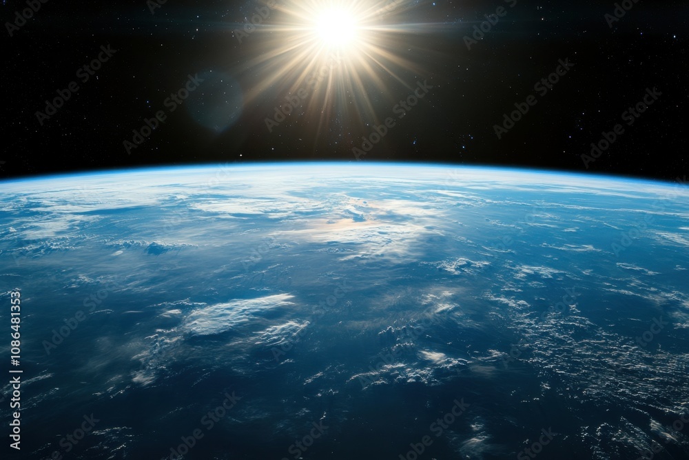 A stunning view of the Earth from space, with the sun shining brightly in the background. A stunning view of the Earth from space, with the sun shining brightly in the background.