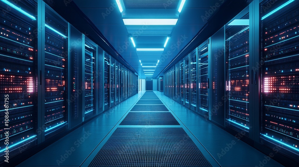 Long corridor data center is lined rows servers Modern Technology Long corridor data center is lined rows servers Modern Technology