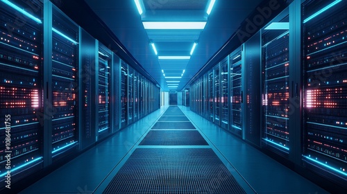 Long corridor data center is lined rows servers Modern Technology