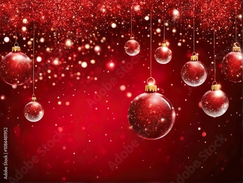 Christmas Tree In Red Glitter Background - Bubbles Hanging On Fair With Abstract Lights