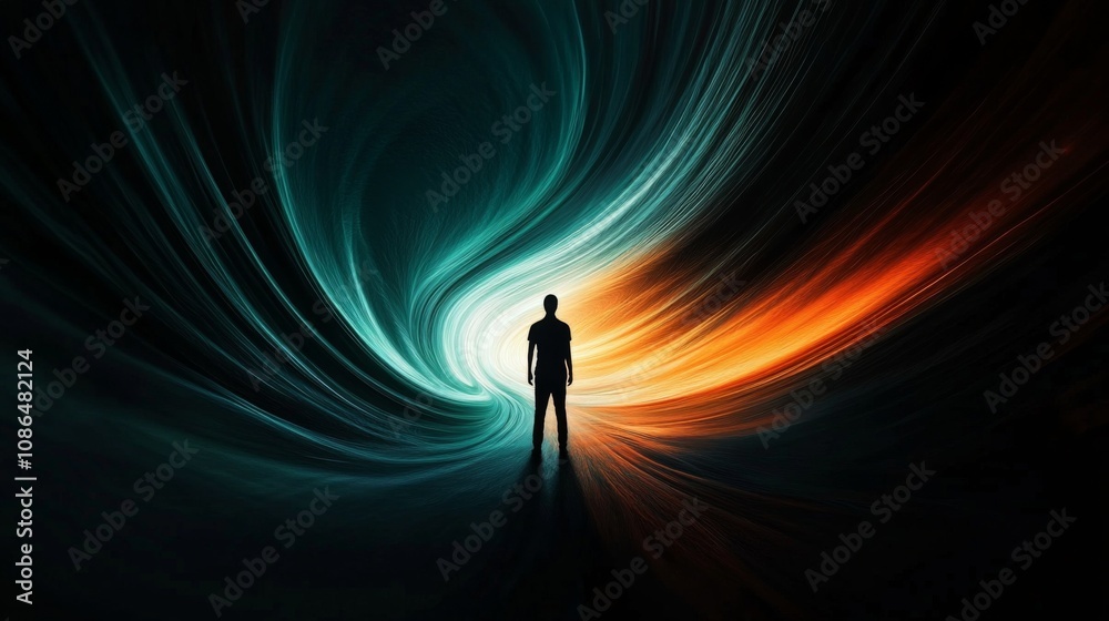 Fototapeta premium Silhouette person standing center dark tunnel appears Staring into the abyss