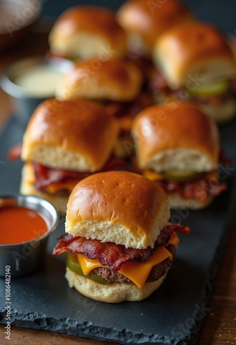 Mini cheeseburgers with bacon for party appetizers, catering menus, food blogs, restaurant websites, and cookbooks - perfect for game day events