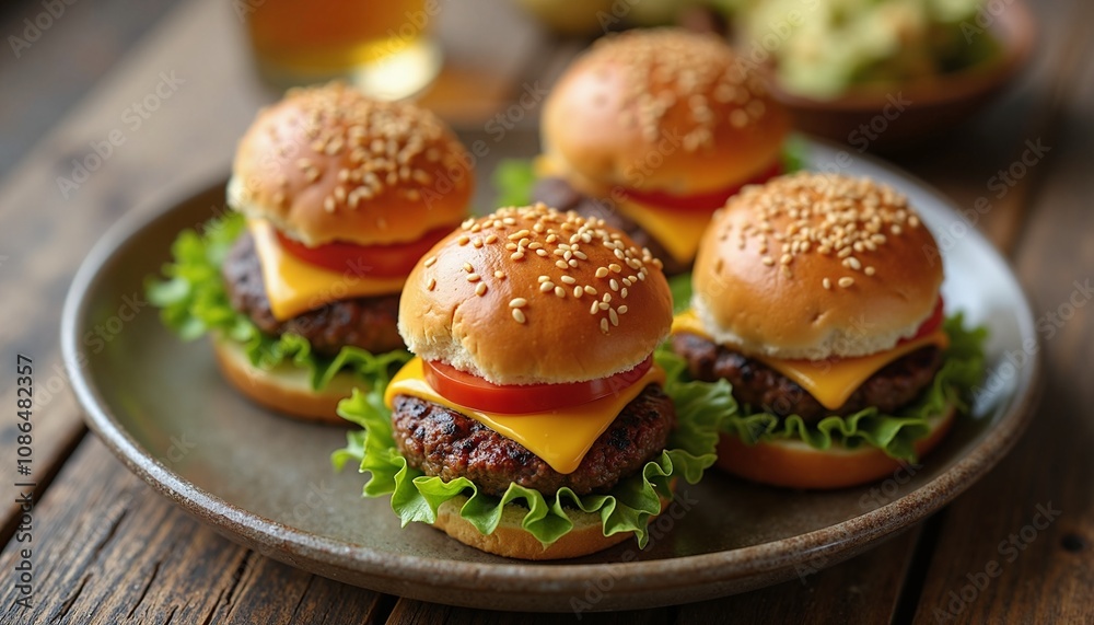 Mini cheeseburgers for food blogs, party catering, menu design, and appetizer inspiration - perfect for events, gatherings, and casual dining presentations Mini cheeseburgers for food blogs, party catering, menu design, and appetizer inspiration - perfect for events, gatherings, and casual dining presentations