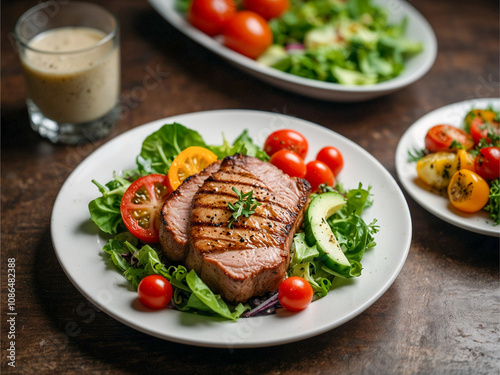 Grilled pork steak with beautifully decorated vegetables