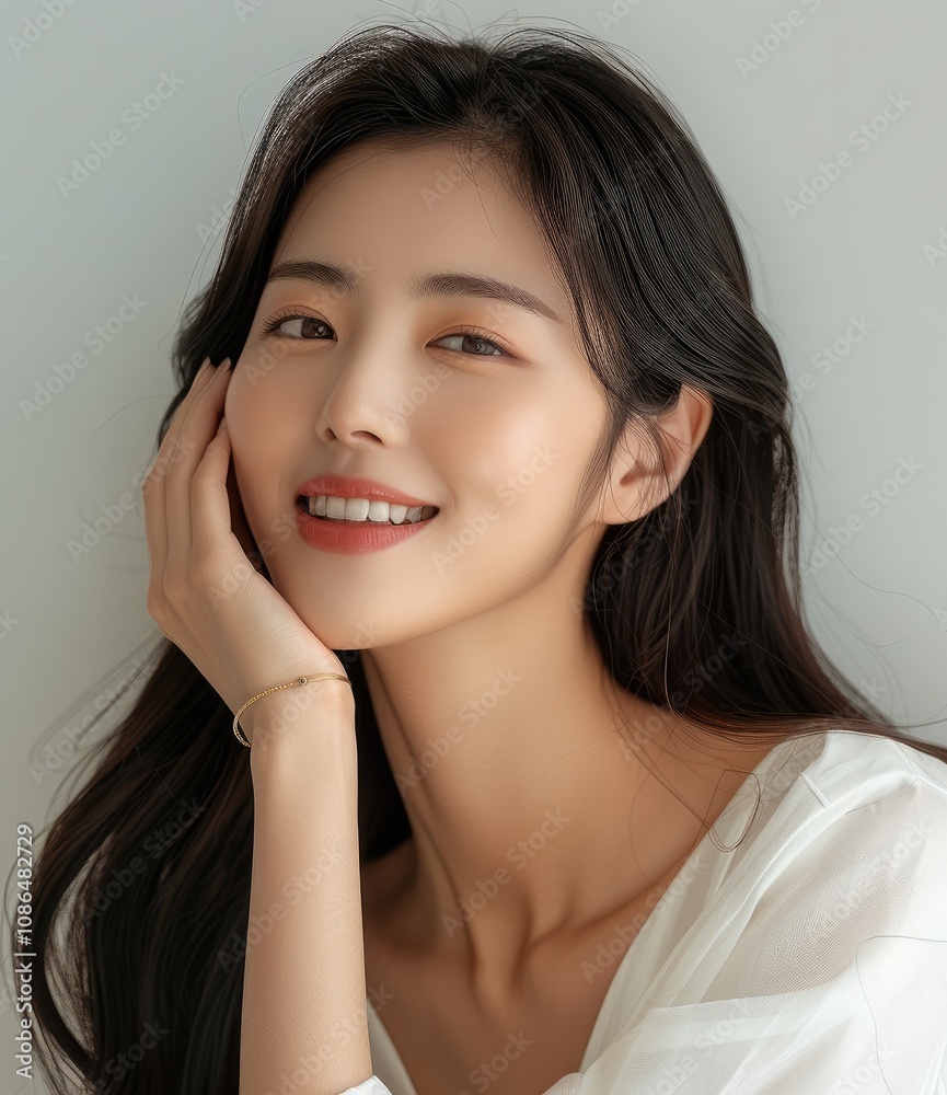 Beautiful Korean woman with long hair, wearing a simple white dress and a gold ring on her hand, is smiling while gently touching her face in front of a plain background. Beautiful Korean woman with long hair, wearing a simple white dress and a gold ring on her hand, is smiling while gently touching her face in front of a plain background.