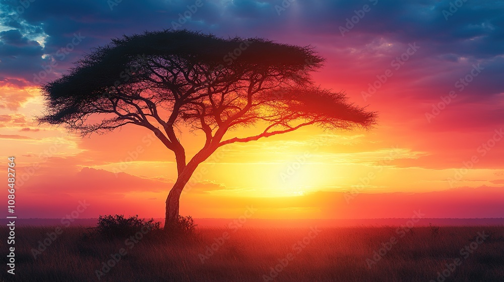 Fototapeta premium A serene landscape featuring a silhouetted tree against a vibrant sunset.
