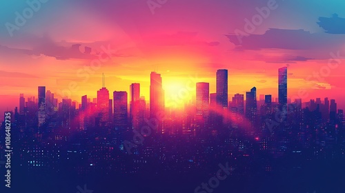 A vibrant city skyline at sunset, showcasing silhouettes of buildings against a colorful sky.