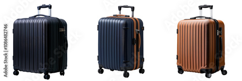 Stylish travel luggage set featuring three modern suitcases in various colors.