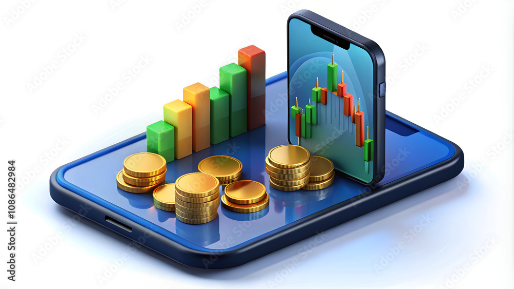 A 3D stock trading analysis with a mobile phone icon.