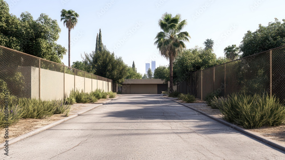 A serene street view lined with greenery and palm trees. A serene street view lined with greenery and palm trees.