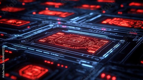 Futuristic AI Data Visualization Red Blue Circuit Board Technology Background