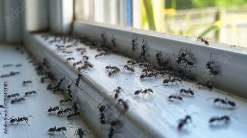 Home Invasion: Ants on Windowsill Displaying Orderly Behavior