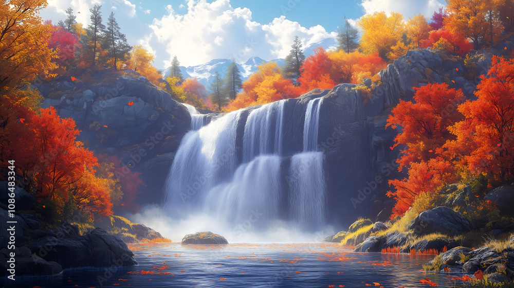 Fototapeta premium waterfall surrounded by colorful autumn foliage in the mountains