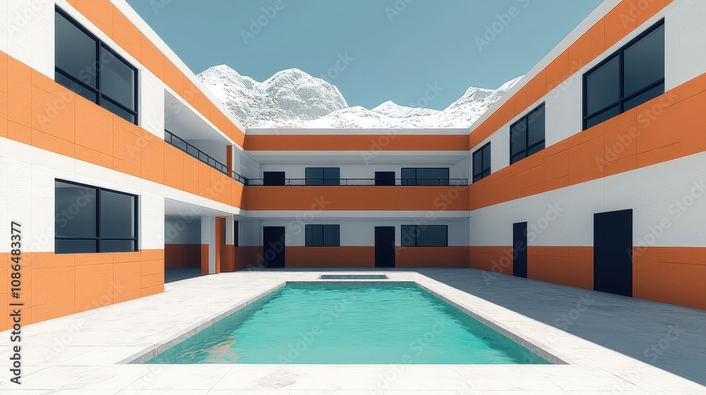Fototapeta premium Modern Orange White Building Courtyard Pool Mountain View