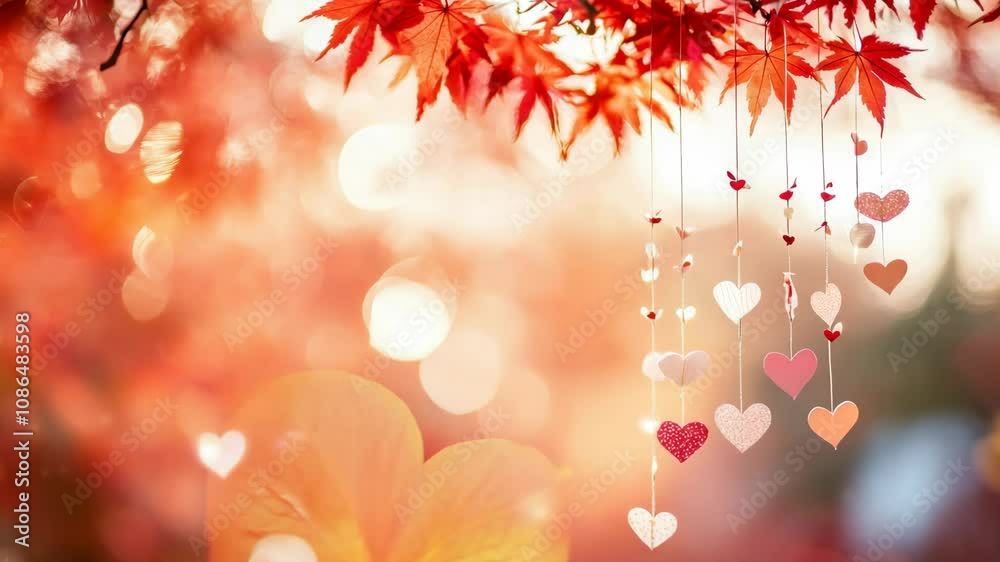 Heart-Shaped Ornaments Hanging from a Tree Branch with Red Leaves. Valentine's day. Heart-Shaped Ornaments Hanging from a Tree Branch with Red Leaves. Valentine's day.