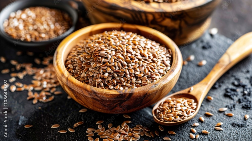 Rustic Kitchen Utensils: Wooden Bowl and Spoon with Nutritious Flax Seeds Rustic Kitchen Utensils: Wooden Bowl and Spoon with Nutritious Flax Seeds
