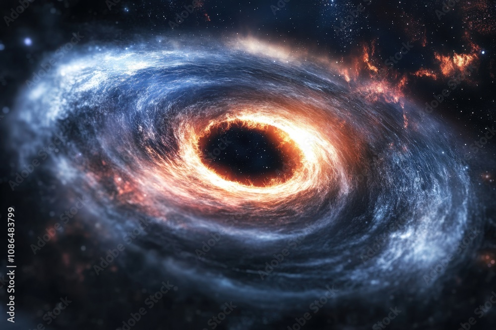A swirling galaxy with a fiery black hole at its center. A swirling galaxy with a fiery black hole at its center.
