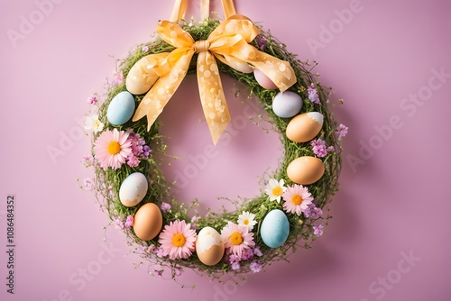 A festive easter wreath decorated with ribbons flowers and eggs hanging in front of a bright bokeh background, Ai Gemerated photo