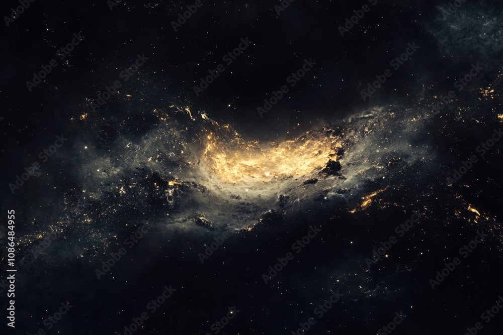 Fototapeta premium A swirling nebula of gas and dust, illuminated by a cluster of bright stars in the center.