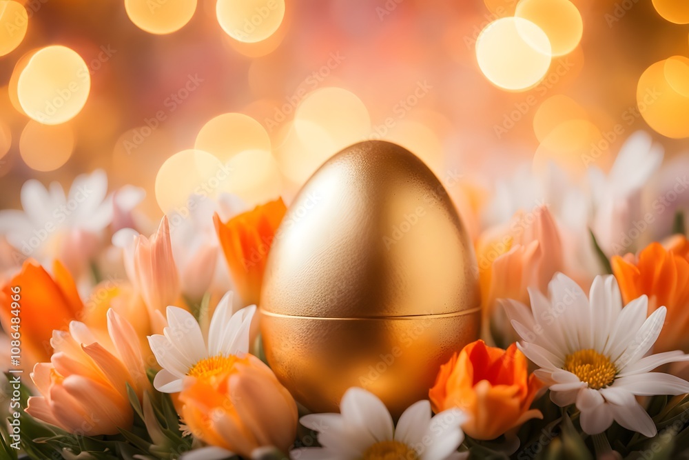 A golden easter egg nestled among spring flowers with a luminous bokeh background, AI Generated A golden easter egg nestled among spring flowers with a luminous bokeh background, AI Generated