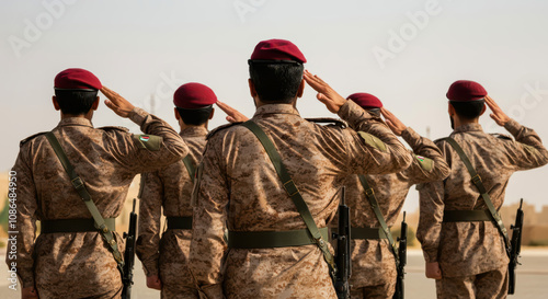 Kuwaiti soldiers giving salute during ceremony military, glory and honor, dignified military uniform