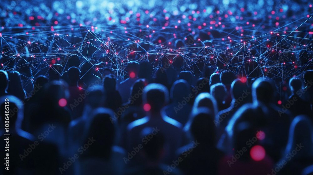 Fototapeta premium Large audience at an event with illuminated connections and digital elements in the background