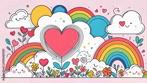 Cute kid scribble line flower, heart. rainbow background. Hand drawn doodle sketch childish element set. Flower, heart, cloud children draw style design elements background. Vector illustration