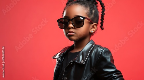 Cool Kid in Sunglasses and Leather Jacket Against Red Background AI Generated