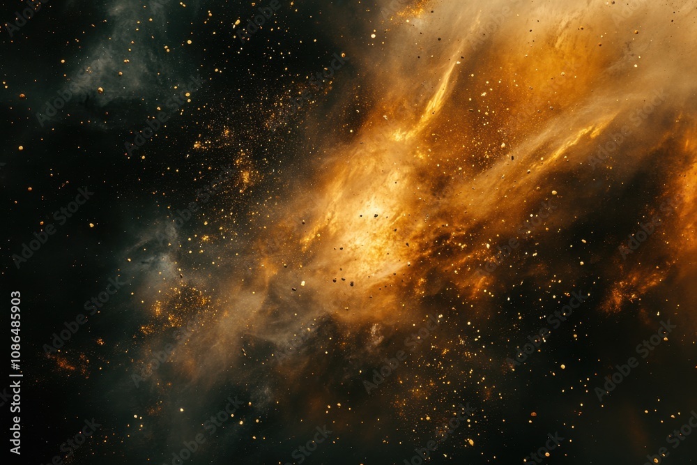 A swirling nebula of orange and yellow dust and gas against a black background, with scattered stars. A swirling nebula of orange and yellow dust and gas against a black background, with scattered stars.