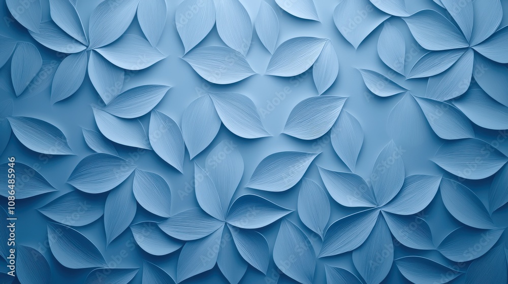 Winter micro landscapes composition. Elegant blue background with layered paper leaves design.