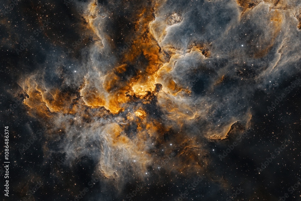 A swirling nebula with bright yellow and orange gas clouds against a dark starry background. A swirling nebula with bright yellow and orange gas clouds against a dark starry background.