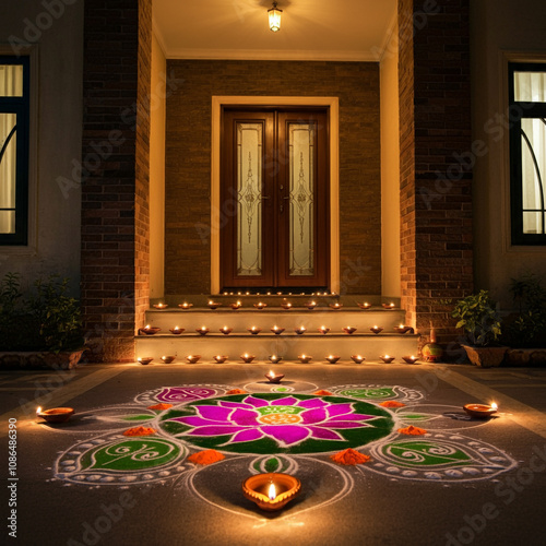 A warmly lit entrance with ...
