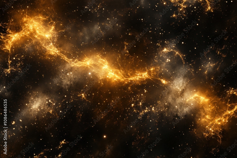 Fototapeta premium A swirling nebula with golden light streams through a dark starry sky.