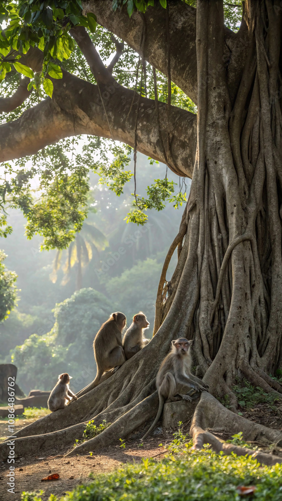 Fototapeta premium Monkey Family in a Banyan Tree