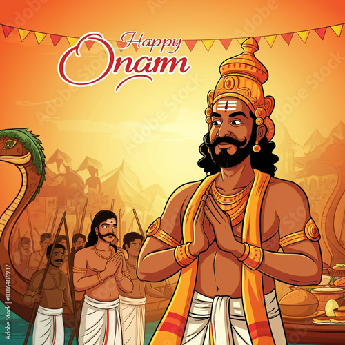  Artistic depiction of King Mahabali with Kerala's scenic background, symbolizing the mythology and traditions of Onam photo